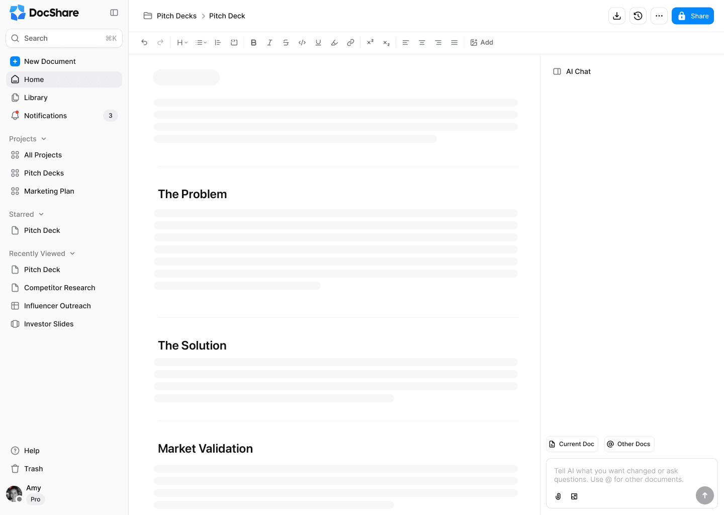 DocShare application interface showing document editing with sidebar navigation
